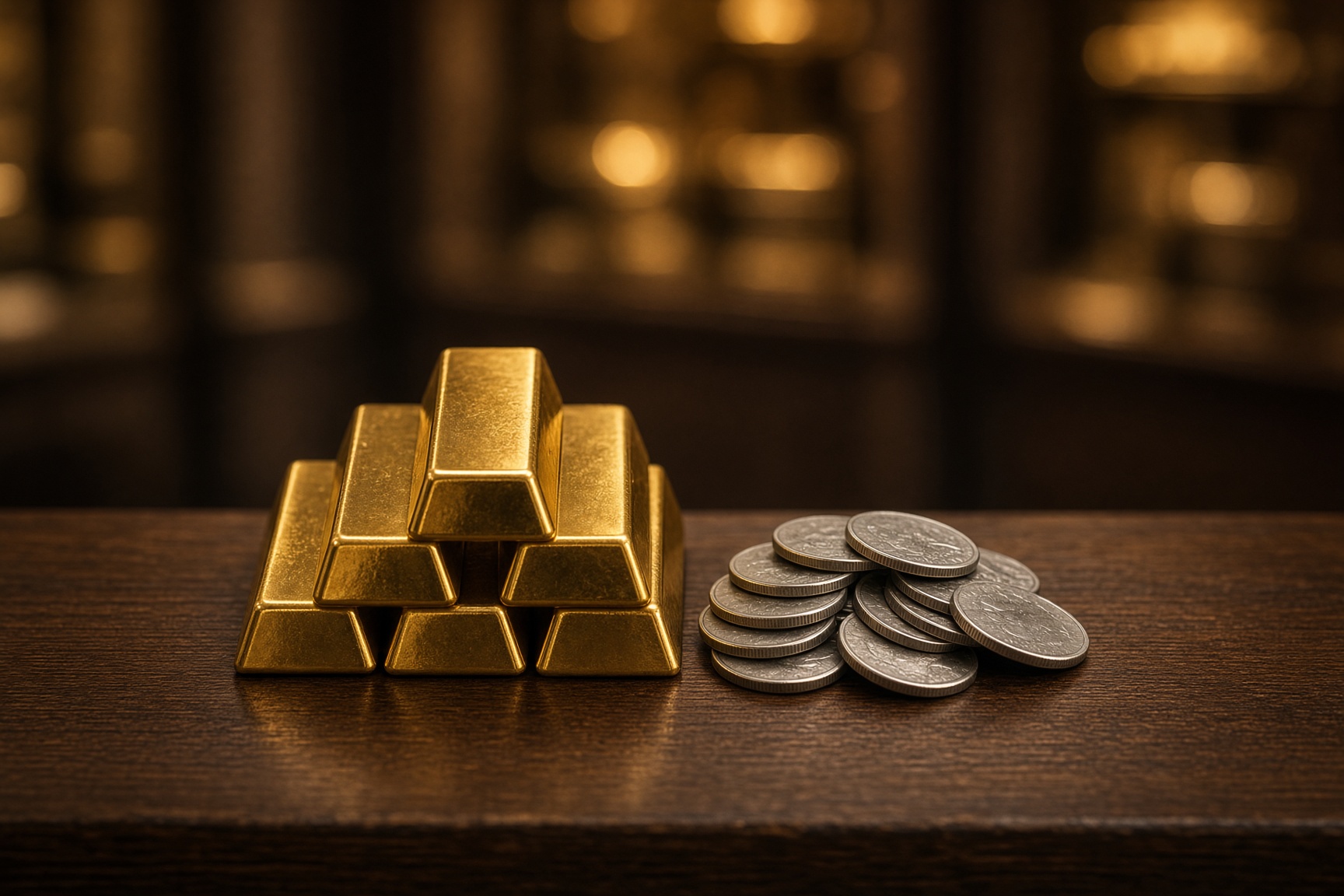 Gold bullion bars and silver coins on a dark counter